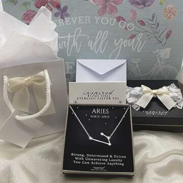 Sterling Silver Zodiac Constellation Necklace Astrology Horoscope Keepsake Card Gift For Women - Ari...
