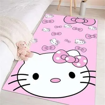 SOFPRO Pink Washable Runner Rug 2' x 5' 3" Cute Cartoon Kitten Face Pattern Non-Slip Area Rugs Kawai...
