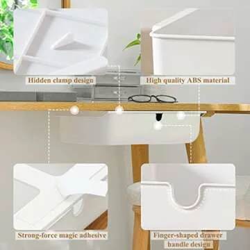 PAVSTINE Under Desk Drawer, 2 Pack Attachable Under Desk Storage,Self-Adhesive Drawer,Slide Out Under Table Storage Under Desk Organizer Home Office Organization Hidden Storage White