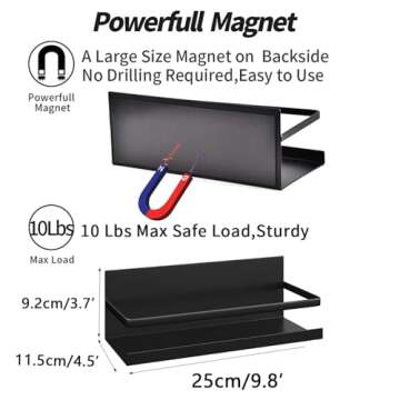 YJSMO 2 Pack Magnetic Spice Rack for Refrigerator,Heave Duty Magnetic Shelf For Kitchen,Magnet Book Shelf For Whiteboard,Space Container,Drill free (Black, 2 Pack)