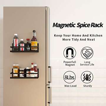 YJSMO 2 Pack Magnetic Spice Rack for Refrigerator,Heave Duty Magnetic Shelf For Kitchen,Magnet Book Shelf For Whiteboard,Space Container,Drill free (Black, 2 Pack)