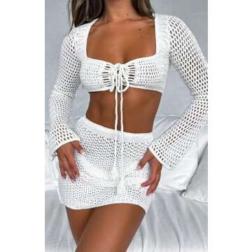 Women Backless Knitted Mini Dress Long Sleeve Crochet Knit Beach Dress Back Tie Short Dress E Girl S...