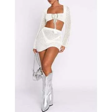 Women Backless Knitted Mini Dress Long Sleeve Crochet Knit Beach Dress Back Tie Short Dress E Girl Streetwear(B5- White,S)