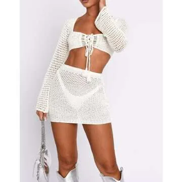 Women Backless Knitted Mini Dress Long Sleeve Crochet Knit Beach Dress Back Tie Short Dress E Girl Streetwear(B5- White,S)
