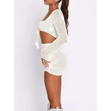 Women Backless Knitted Mini Dress Long Sleeve Crochet Knit Beach Dress Back Tie Short Dress E Girl Streetwear(B5- White,S)