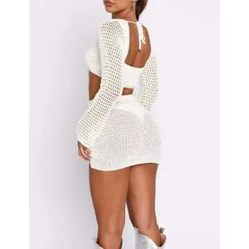 Women Backless Knitted Mini Dress Long Sleeve Crochet Knit Beach Dress Back Tie Short Dress E Girl Streetwear(B5- White,S)