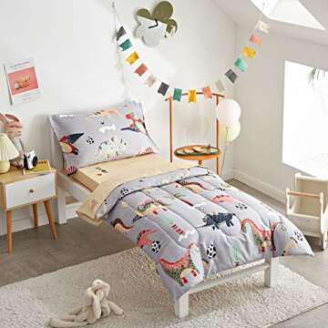 UOZZI BEDDING 4 Piece Gray Dinosaurs Toddler Bedding Set with Colorful Dinos Boys Bed Comforter Shee...