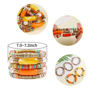 Yellow grey Bamboo Tube Bangles Bracelet Chunky Curved Stacking Clear Acrylic Colorful Beads Stretch...