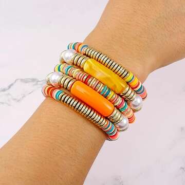 Yellow grey Bamboo Tube Bangles Bracelet Chunky Curved Stacking Clear Acrylic Colorful Beads Stretchable Friendship Gold Bracelets Gifts For Bestfriends, Couple