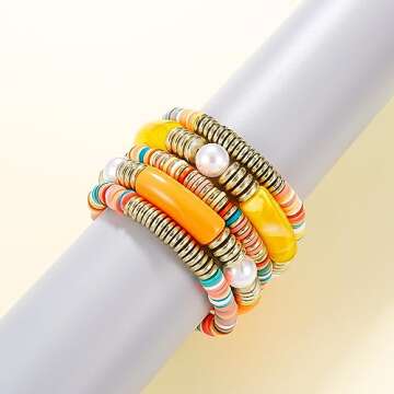 Yellow grey Bamboo Tube Bangles Bracelet Chunky Curved Stacking Clear Acrylic Colorful Beads Stretchable Friendship Gold Bracelets Gifts For Bestfriends, Couple