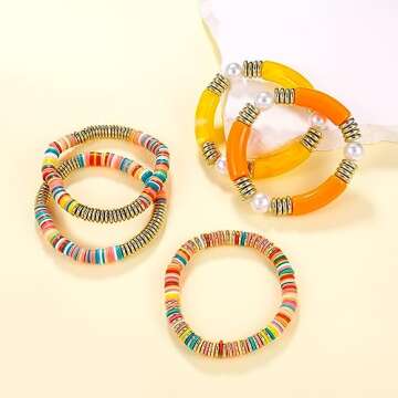 Yellow grey Bamboo Tube Bangles Bracelet Chunky Curved Stacking Clear Acrylic Colorful Beads Stretchable Friendship Gold Bracelets Gifts For Bestfriends, Couple