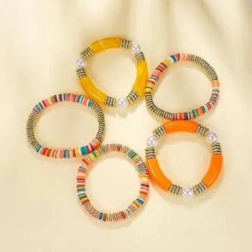 Yellow grey Bamboo Tube Bangles Bracelet Chunky Curved Stacking Clear Acrylic Colorful Beads Stretchable Friendship Gold Bracelets Gifts For Bestfriends, Couple