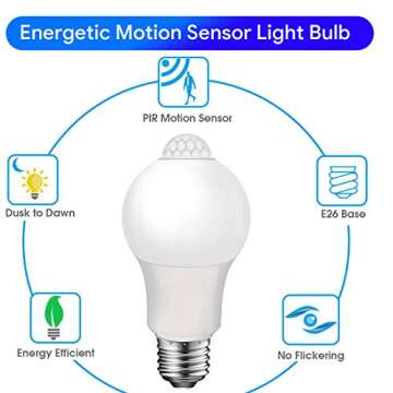 Energetic Motion Sensor Light Bulb, 60 Watt Equivalent (8.5W), Indoor/Outdoor Automatic Activated by Motion, A19, E26, 5000K Dusk to Dawn Security Bulbs for Entrance, Porch, Stairs, Hallway, 2 Pack