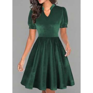 Mokayee Dark Green Velvet Dresses for Women Holiday Christmas Short Puff Sleeve Casual Fit and Flare Knee Length Cocktail Church Office Professional Work Dresses with Pockets M