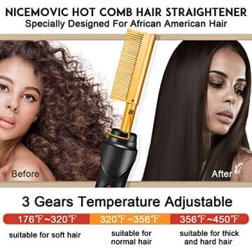 NICEMOVIC Ceramic Heating Hair Straightener Comb - Gold