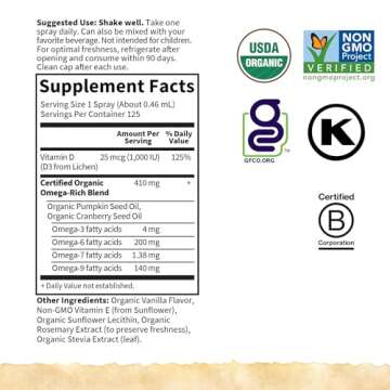 Garden of Life Organics Vegan Vitamin D3 for Women and Men, Liquid 1000 IU Per Spray, D3 Plus Omegas - Vanilla Flavor - 125 Servings - 2fl oz Liquid Whole Food D3 Vitamin Supplement