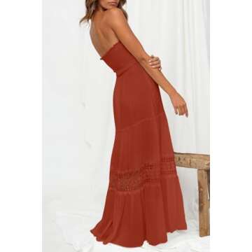 ZESICA Women's 2025 Summer Bohemian Strapless Off Shoulder Lace Trim Backless Flowy A Line Beach Long Maxi Dress,DarkOrange,Small