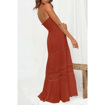 ZESICA Women's 2025 Summer Bohemian Strapless Off Shoulder Lace Trim Backless Flowy A Line Beach Long Maxi Dress,DarkOrange,Small