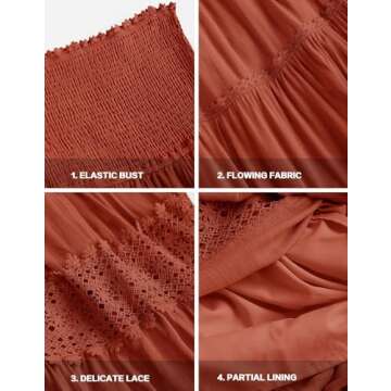 ZESICA Women's 2025 Summer Bohemian Strapless Off Shoulder Lace Trim Backless Flowy A Line Beach Long Maxi Dress,DarkOrange,Small