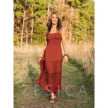 ZESICA Women's 2025 Summer Bohemian Strapless Off Shoulder Lace Trim Backless Flowy A Line Beach Long Maxi Dress,DarkOrange,Small