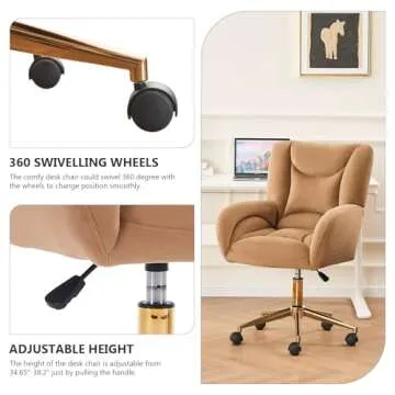 Hommoo Desk Chair with Wheels and Arms Velvet Comfortable Desk Chair for Home Office Height Adjustable Vanity Chair Modern Task Chair Computer Desk Chair Coffee