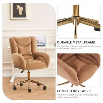 Hommoo Desk Chair with Wheels and Arms Velvet Comfortable Desk Chair for Home Office Height Adjustable Vanity Chair Modern Task Chair Computer Desk Chair Coffee