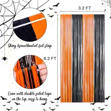 2 Packs 3ft x 8.4ft Orange Black Metallic Tinsel Foil Fringe Curtains Photo Booth Props for Hallowee...