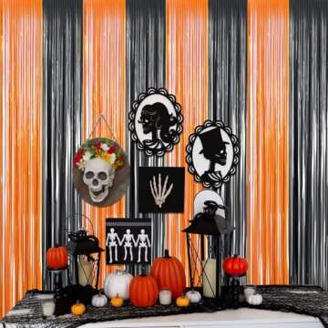 2 Packs 3ft x 8.4ft Orange Black Metallic Tinsel Foil Fringe Curtains Photo Booth Props for Halloween Birthday Bridal Shower Baby Shower Bachelorette Holiday Celebration Party Decorations