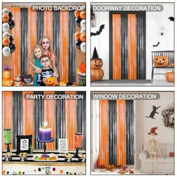2 Packs 3ft x 8.4ft Orange Black Metallic Tinsel Foil Fringe Curtains Photo Booth Props for Halloween Birthday Bridal Shower Baby Shower Bachelorette Holiday Celebration Party Decorations