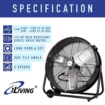 iLIVING 24" High Velocity Drum Fan Industrial, Commercial, Residential Air Circulator for Garage, Shop, Patio, Barn, Greenhouse, Speed Control 7700CFM, UL Listed,Black