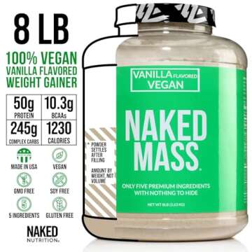 Naked Mass - Vanilla Vegan Weight Gainer - 8Lb Bulk, GMO Free, Gluten Free, Soy Free & Dairy Free. No Artificial Ingredients - 1,230 Calories - 11 Servings