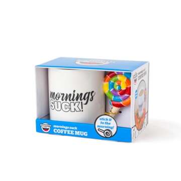 BigMouth Inc. Original Mornings Suck! Coffee Mug, Funny Ceramic Coffee Mug with Lollipop Handle, Unique Novelty Gift for Home or Office, 20 oz