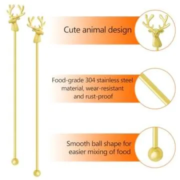 Mewuthede Swizzle Sticks,5 Pcs Stainless Steel Reusable Deer Head Shape Cocktail Stirrer Coffee Beverage Stir Sticks for Cocktail, Whiskey, Hot Cocoa, Creamer (Gold)