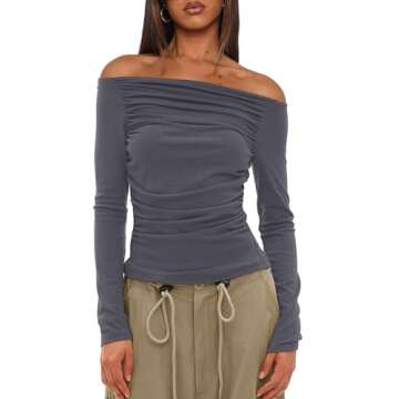 Darong Womens Long Sleeve Off Shoulder Shirts Tight Fitted Going Out Y2K Sexy Ruched Tee Tops Blouse...