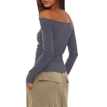 Darong Womens Long Sleeve Off Shoulder Shirts Tight Fitted Going Out Y2K Sexy Ruched Tee Tops Blouses 2024 Trendy Outfits 9068 Grey S