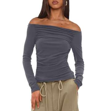 Darong Womens Long Sleeve Off Shoulder Shirts Tight Fitted Going Out Y2K Sexy Ruched Tee Tops Blouses 2024 Trendy Outfits 9068 Grey S