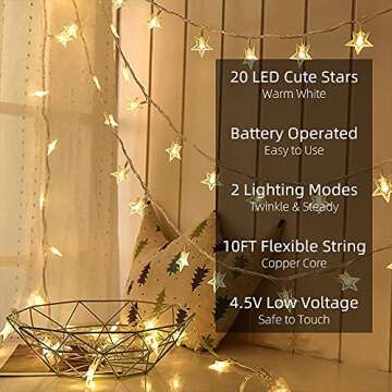 Yummuely Star String Lights 10Ft 20 LED Fairy Lights Battery Operated Waterproof Indoor Outdoor Twin...