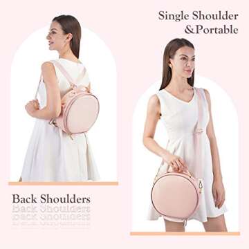 Round Makeup Bag Portable Travel Makeup Train Case PU Leather Cosmetic Storage Organizer for Girl Cosmetic Make Up Tools Toiletry Jewelry Digital Accessories - Pink