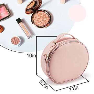 Round Makeup Bag Portable Travel Makeup Train Case PU Leather Cosmetic Storage Organizer for Girl Cosmetic Make Up Tools Toiletry Jewelry Digital Accessories - Pink