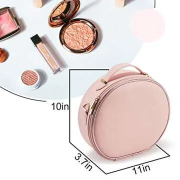 Round Makeup Bag Portable Travel Makeup Train Case PU Leather Cosmetic Storage Organizer for Girl Cosmetic Make Up Tools Toiletry Jewelry Digital Accessories - Pink