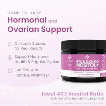 Premium Inositol Supplement - Myo-Inositol and D-Chiro Inositol Powder Plus Folate and Vitamin D - Ideal 40:1 Ratio - Hormone Balance & Healthy Ovarian Support for Women - Vitamin B8-30 Day Supply