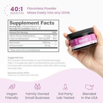 Premium Inositol Supplement - Myo-Inositol and D-Chiro Inositol Powder Plus Folate and Vitamin D - Ideal 40:1 Ratio - Hormone Balance & Healthy Ovarian Support for Women - Vitamin B8-30 Day Supply