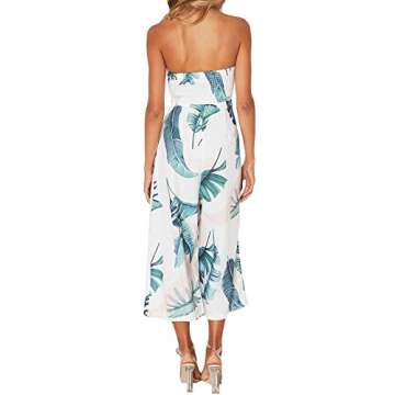 Eiffel Women's Off Shoulder Strapless Leaf Print Capris Jumpsuit Rompers Wide Leg Pant White, Small