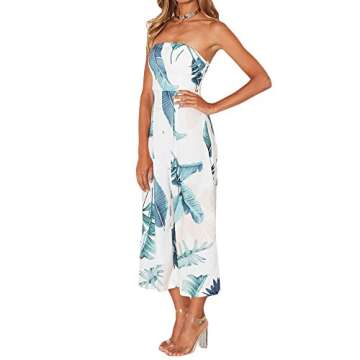 Eiffel Women's Off Shoulder Strapless Leaf Print Capris Jumpsuit Rompers Wide Leg Pant White, Small