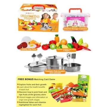 FUNERICA Play Food and Realistic Stainless-Steel Pots and Pans and Utensils - Cutting Fake Food and Pretend Toy Kitchen Accessories Cooking Toy Playset for Toddlers and Kids