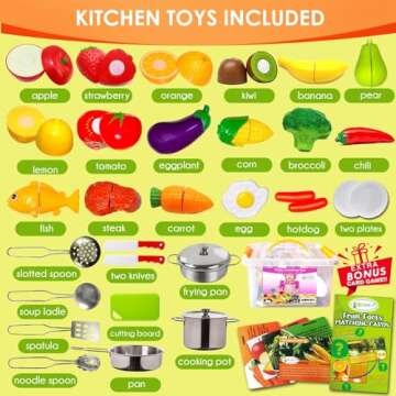 FUNERICA Play Food and Realistic Stainless-Steel Pots and Pans and Utensils - Cutting Fake Food and Pretend Toy Kitchen Accessories Cooking Toy Playset for Toddlers and Kids