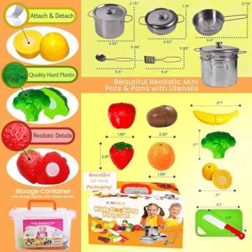 FUNERICA Play Food and Realistic Stainless-Steel Pots and Pans and Utensils - Cutting Fake Food and Pretend Toy Kitchen Accessories Cooking Toy Playset for Toddlers and Kids