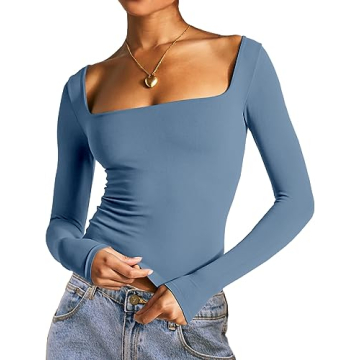 Dwnval Women's Sexy Long Sleeve Crop Top - Square Neck & Double Lined