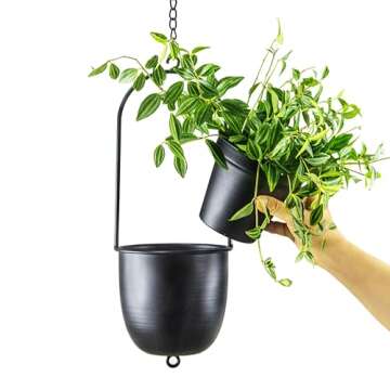 HemePaha Metal Hanging Planters, Set of 2 Black Oval Plant Hangers with 6 inch Flower Pots, Modern Wall and Ceiling Plant Holders for Indoor Outdoor Plants Home Décor (Stackable)