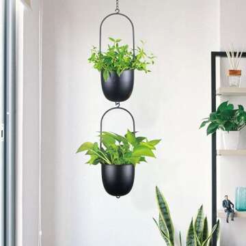 HemePaha Metal Hanging Planters, Set of 2 Black Oval Plant Hangers with 6 inch Flower Pots, Modern Wall and Ceiling Plant Holders for Indoor Outdoor Plants Home Décor (Stackable)